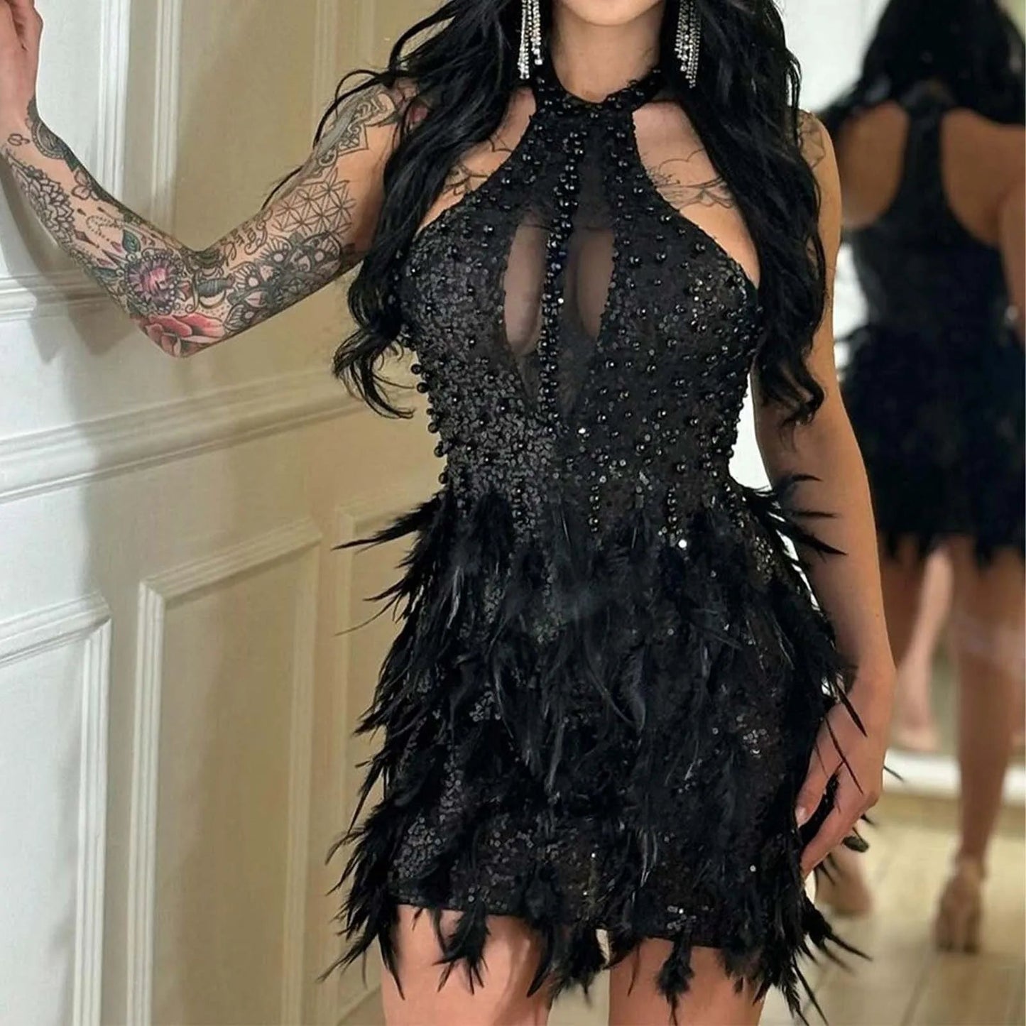 See Through Feather Bodycon Party Dress