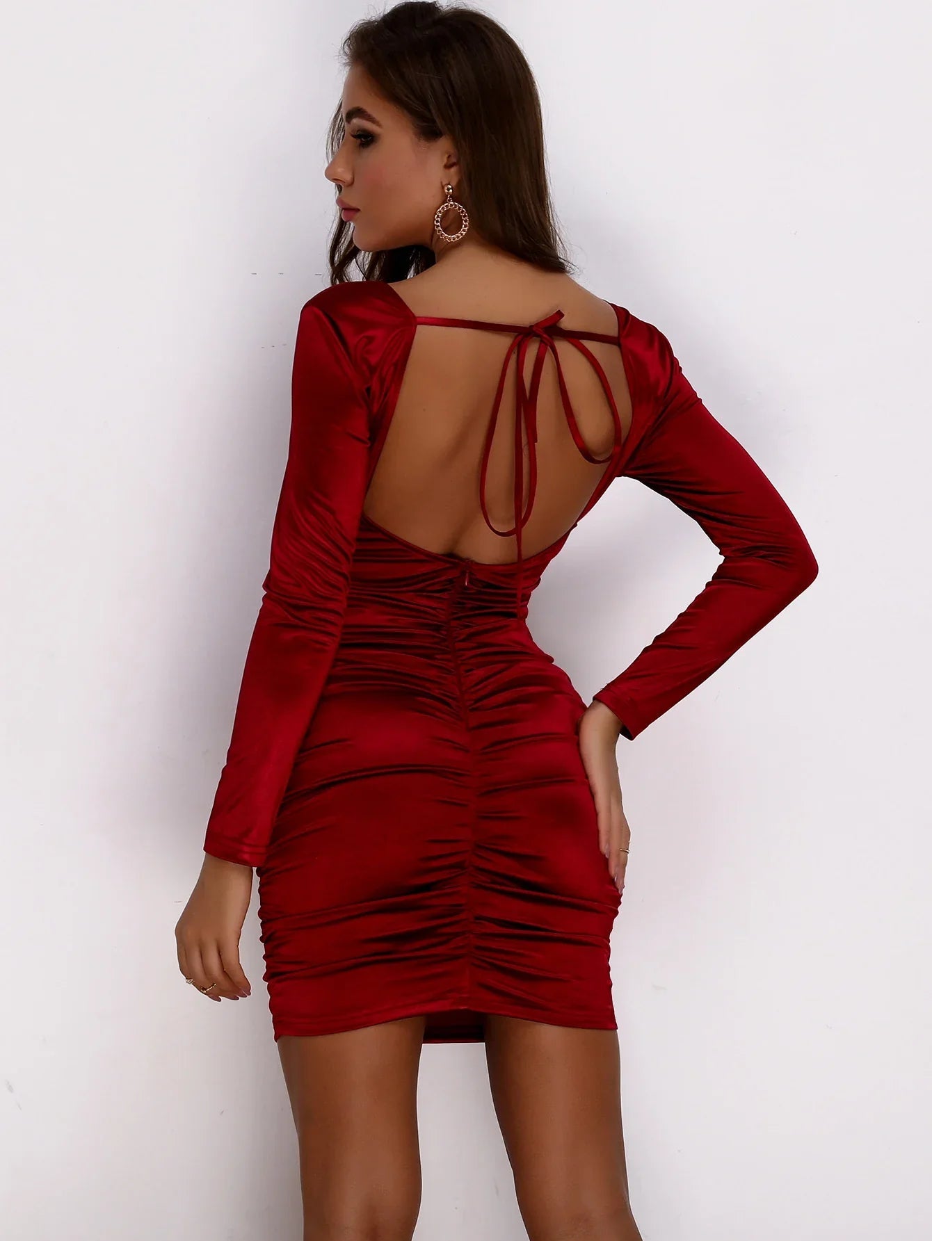 Women Long Sleeve Square Neck Bodycon Mini Dress