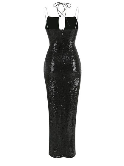 Sexy Sleeveless Cut Out Black Sequins Elegant Backless High Slit Christmas Party Dress