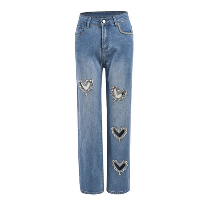 Women Straight Heart Diamond Hollow Out Pockets Vintage Denim Casual Y2K Harajuku Fashion 2024 Jeans