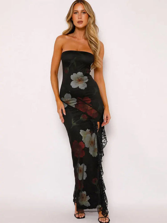 Strapless Print Lace Vent Backless Split Boho Dress