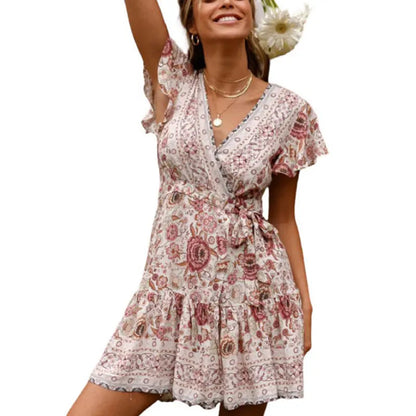 Summer Boho Floral Print Mini Wrap Beach Boho Dress