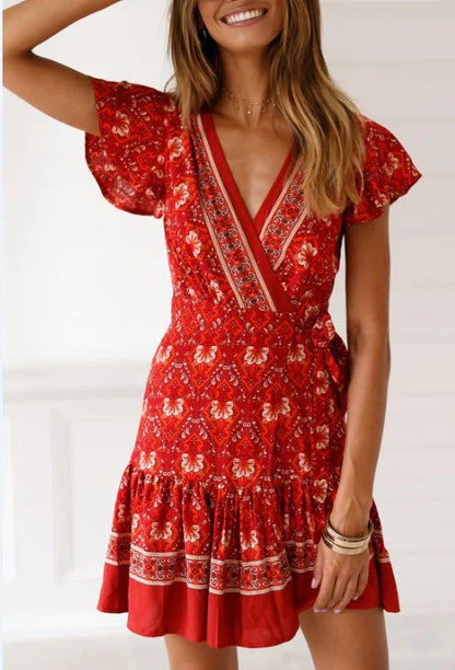 Summer Boho Floral Print Mini Wrap Beach Boho Dress