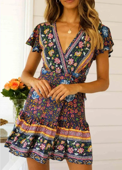 Summer Boho Floral Print Mini Wrap Beach Boho Dress