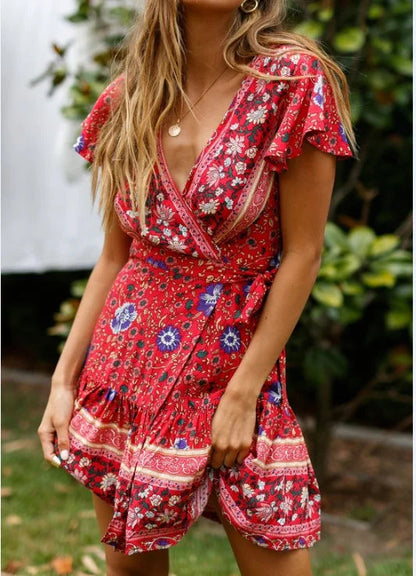 Summer Boho Floral Print Mini Wrap Beach Boho Dress