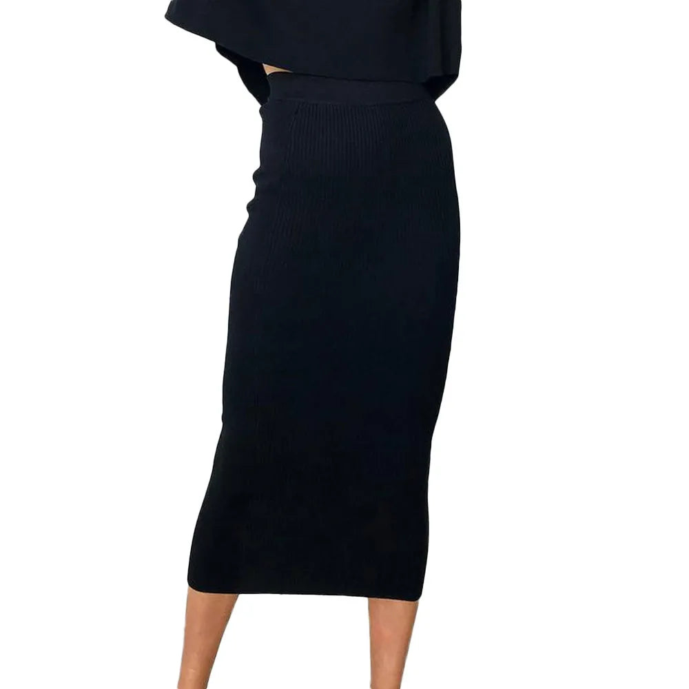 Summer Long Knitted Slim Elegant New Spring Stylish Bodycon Black Midi Skirt