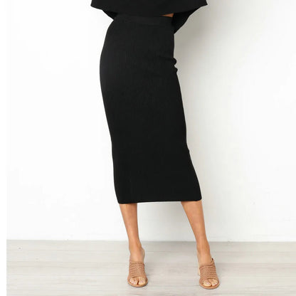 Summer Long Knitted Slim Elegant New Spring Stylish Bodycon Black Midi Skirt