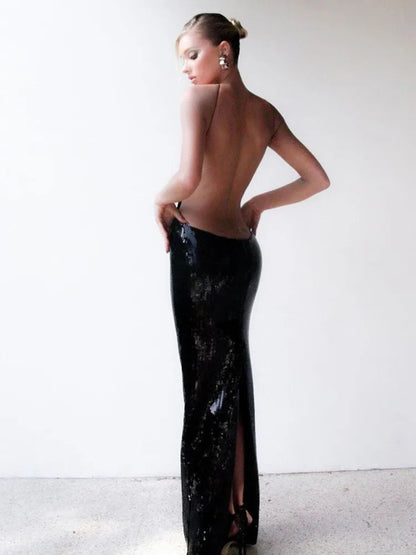 Backless Mesh Sequin Maxi Party Dress