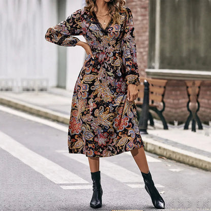 Autumn Sweet Fresh Bohemian Long Sleeve Floral Boho Dress