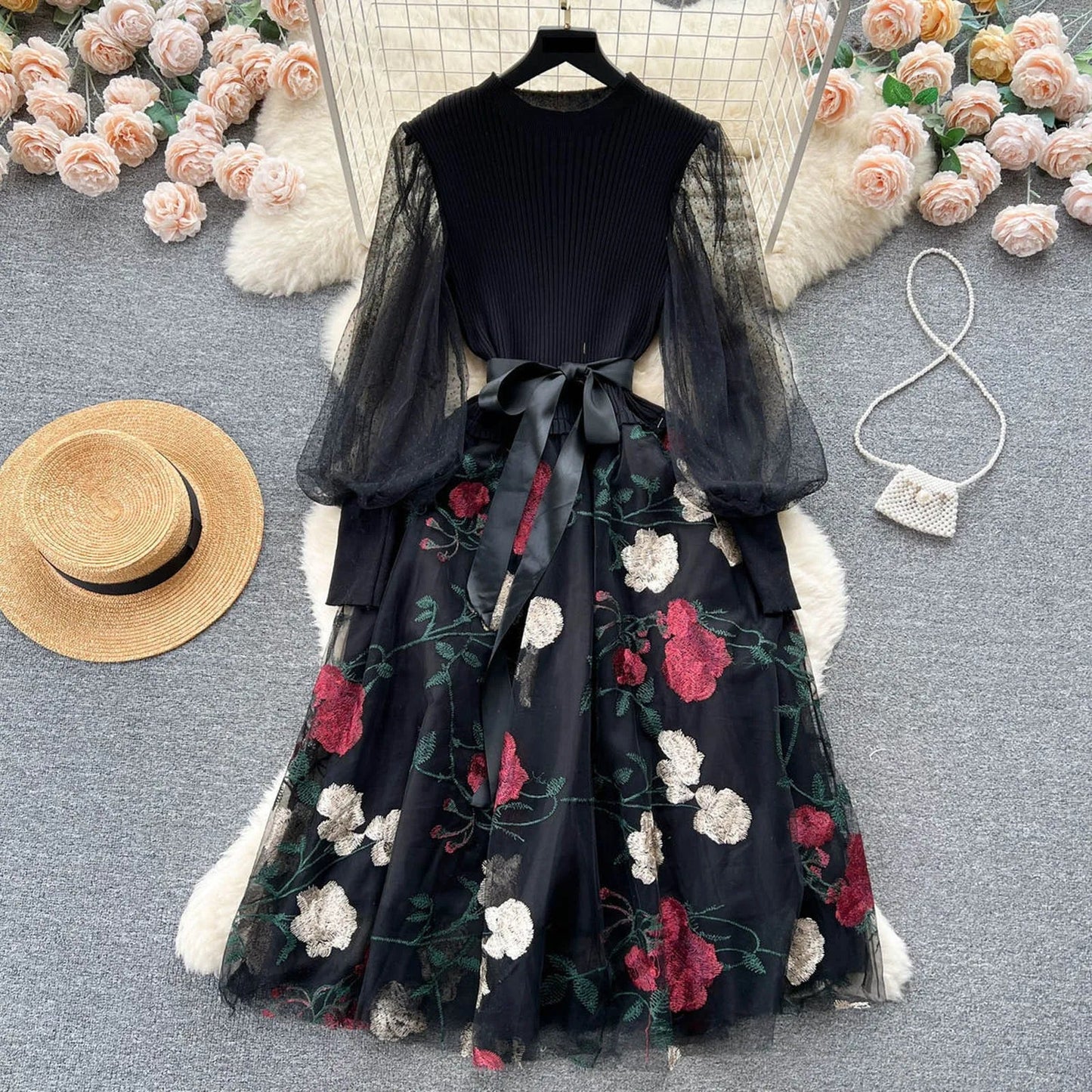 Sweet Patchwork Long Lantern Sleeves Bow Mesh Embroidery Floral High Waist A-Line Elegant Party Dress