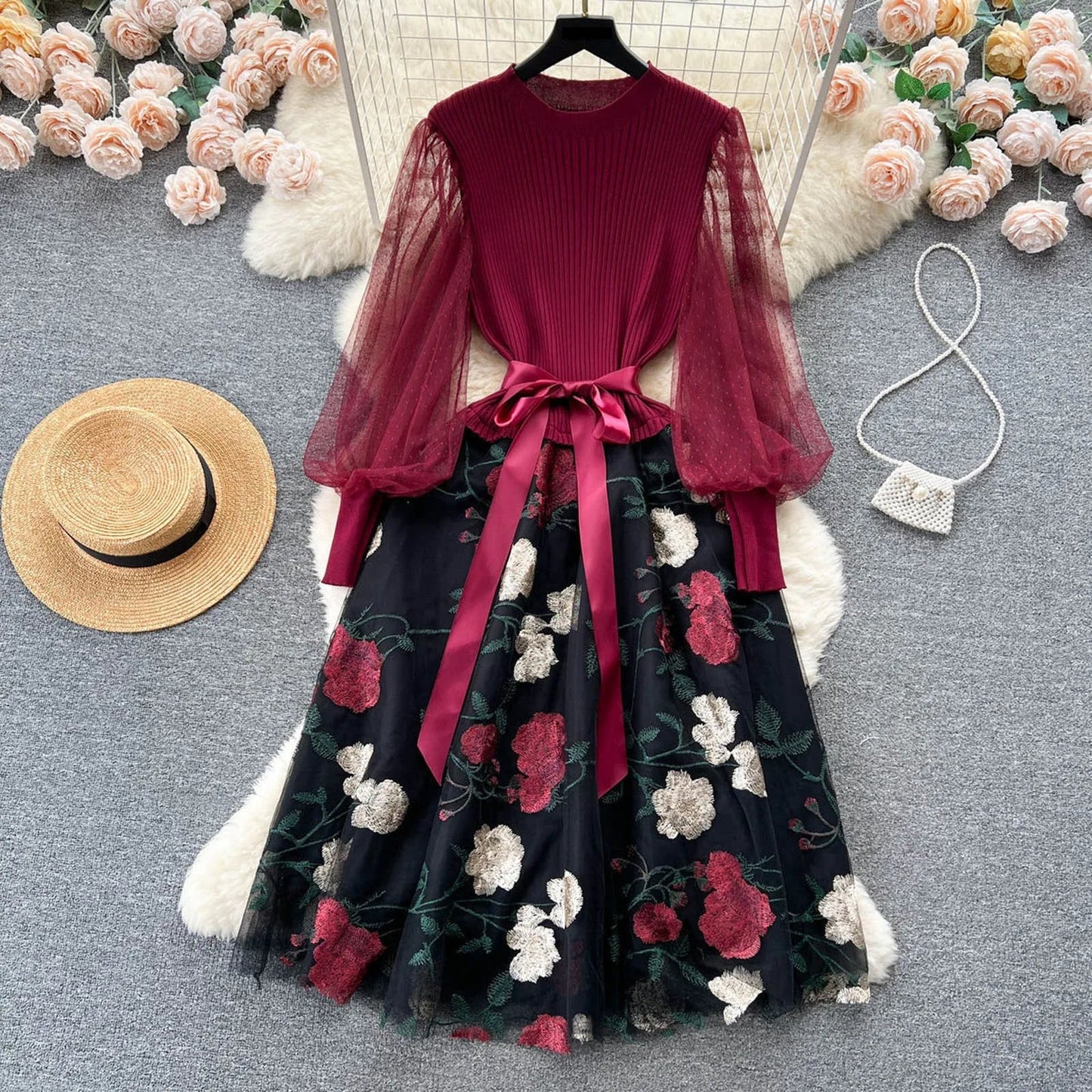 Sweet Patchwork Long Lantern Sleeves Bow Mesh Embroidery Floral High Waist A-Line Elegant Party Dress