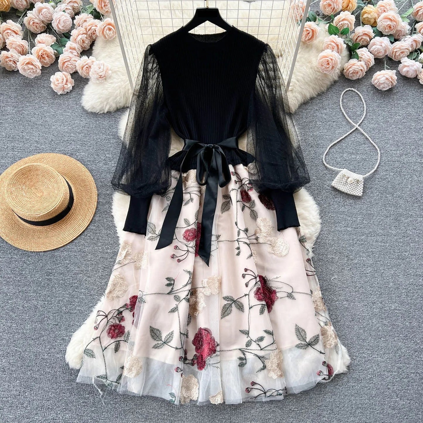 Sweet Patchwork Long Lantern Sleeves Bow Mesh Embroidery Floral High Waist A-Line Elegant Party Dress