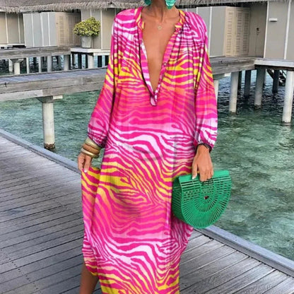 Women Boho Print Long Sleeve Maxi Dress