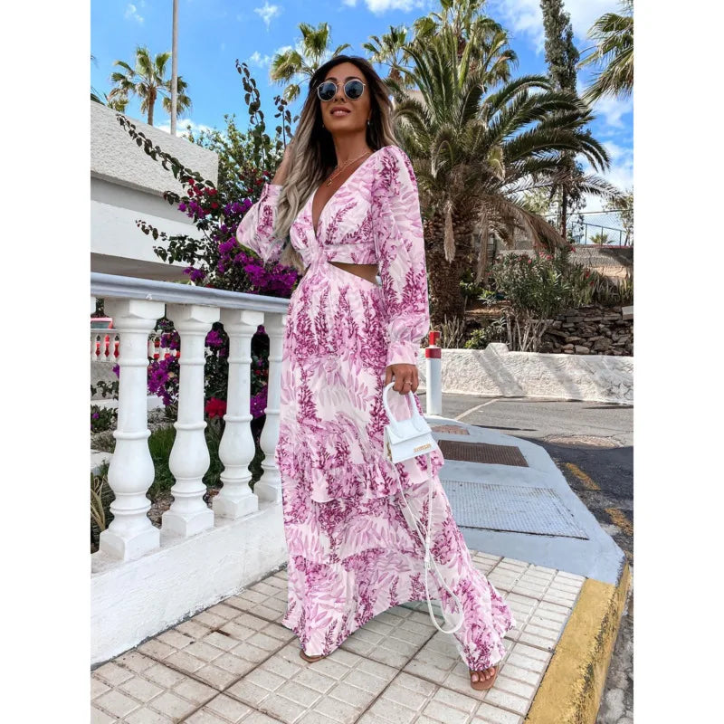 Women Boho Print Long Sleeve Maxi Dress