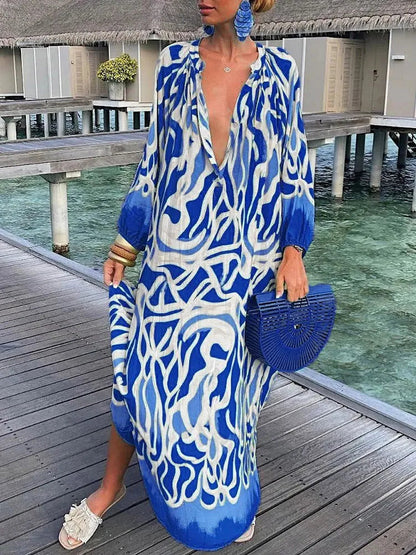 Women Boho Print Long Sleeve Maxi Dress