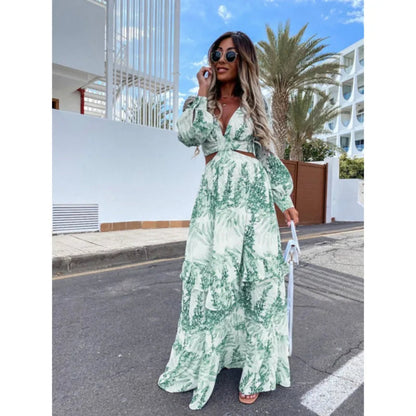 Women Boho Print Long Sleeve Maxi Dress