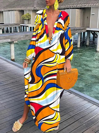 Women Boho Print Long Sleeve Maxi Dress