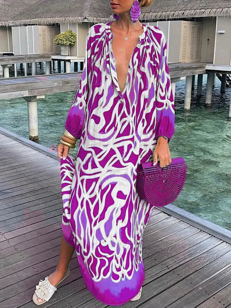 Women Boho Print Long Sleeve Maxi Dress