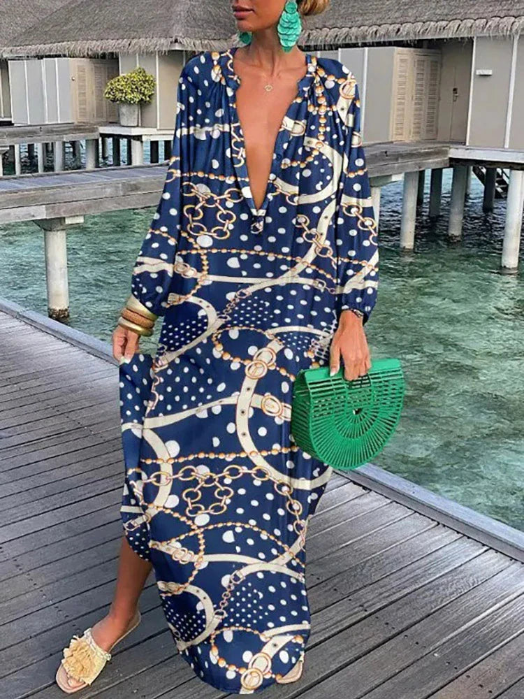 Women Boho Print Long Sleeve Maxi Dress