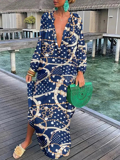 Women Boho Print Long Sleeve Maxi Dress