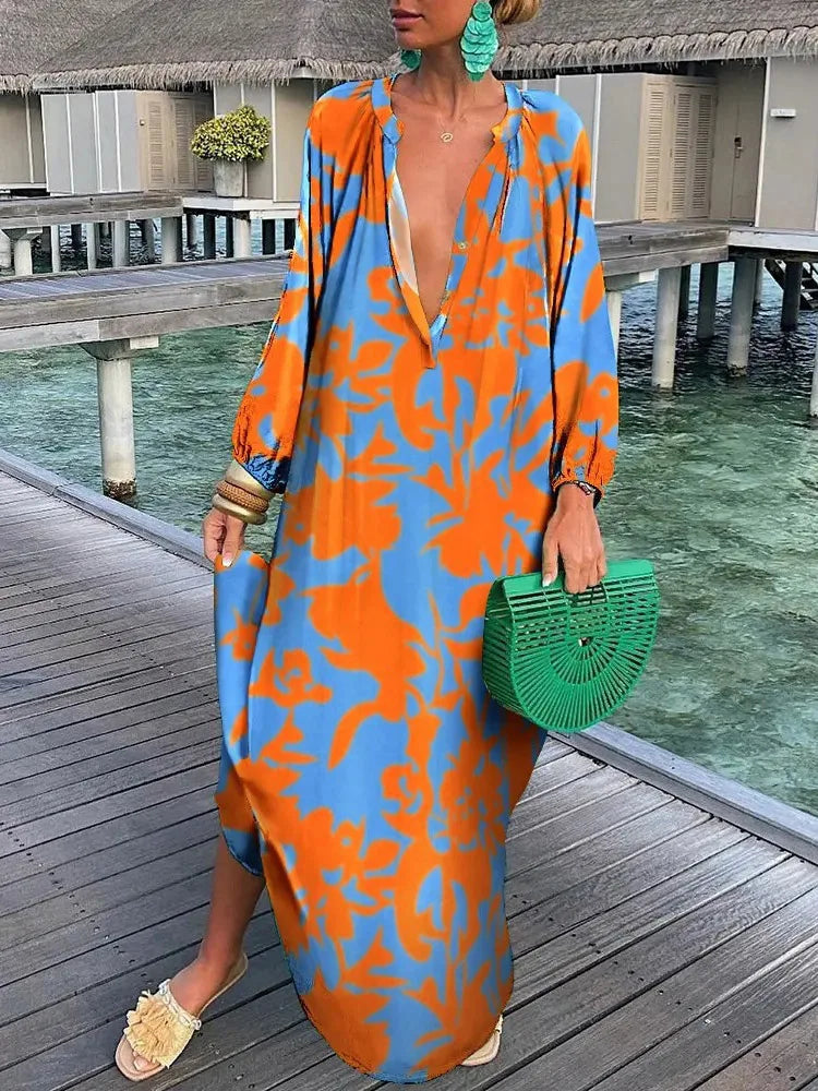 Women Boho Print Long Sleeve Maxi Dress