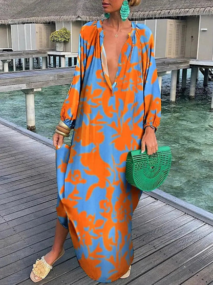 Women Boho Print Long Sleeve Maxi Dress