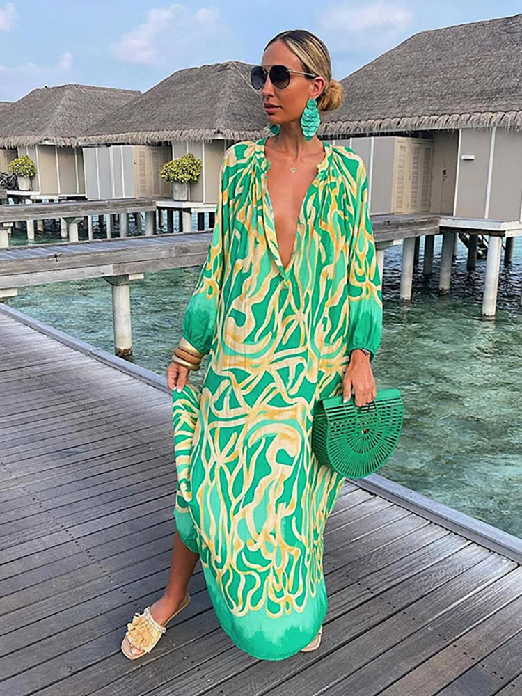 Women Boho Print Long Sleeve Maxi Dress