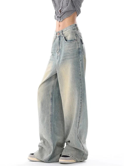 Women's American Vintage Washed Thin Casual Neutral Style Blue Denim Female High Waist Straight Pants Jeans