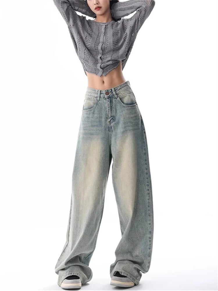 Women's American Vintage Washed Thin Casual Neutral Style Blue Denim Female High Waist Straight Pants Jeans