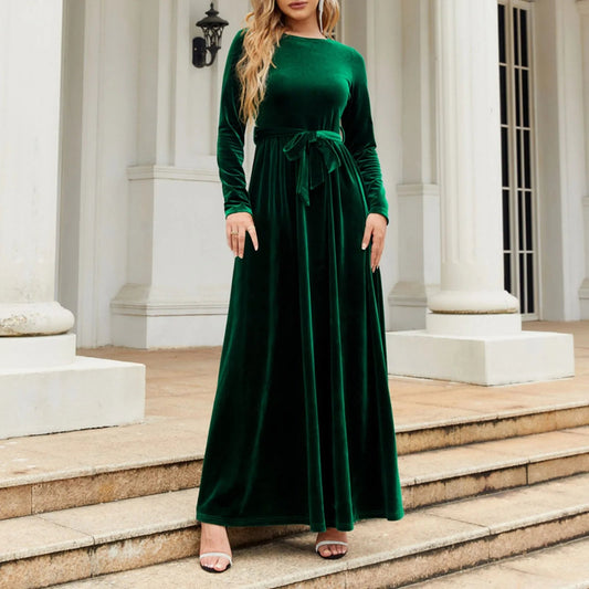 Autumn New Green Velvet Long Dress Elegant Vintage O-neck Lace-up Christmas Party Dress