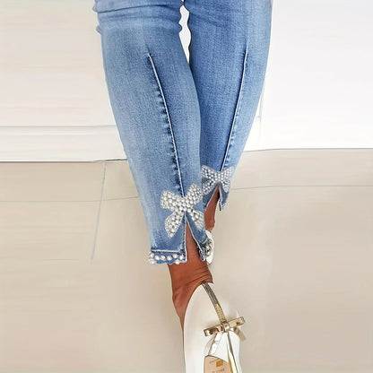 Women's Blue High-Stretch Skinny with Faux Pearl Decor and Slim Fit - Stylish and Comfortable Denim Jean