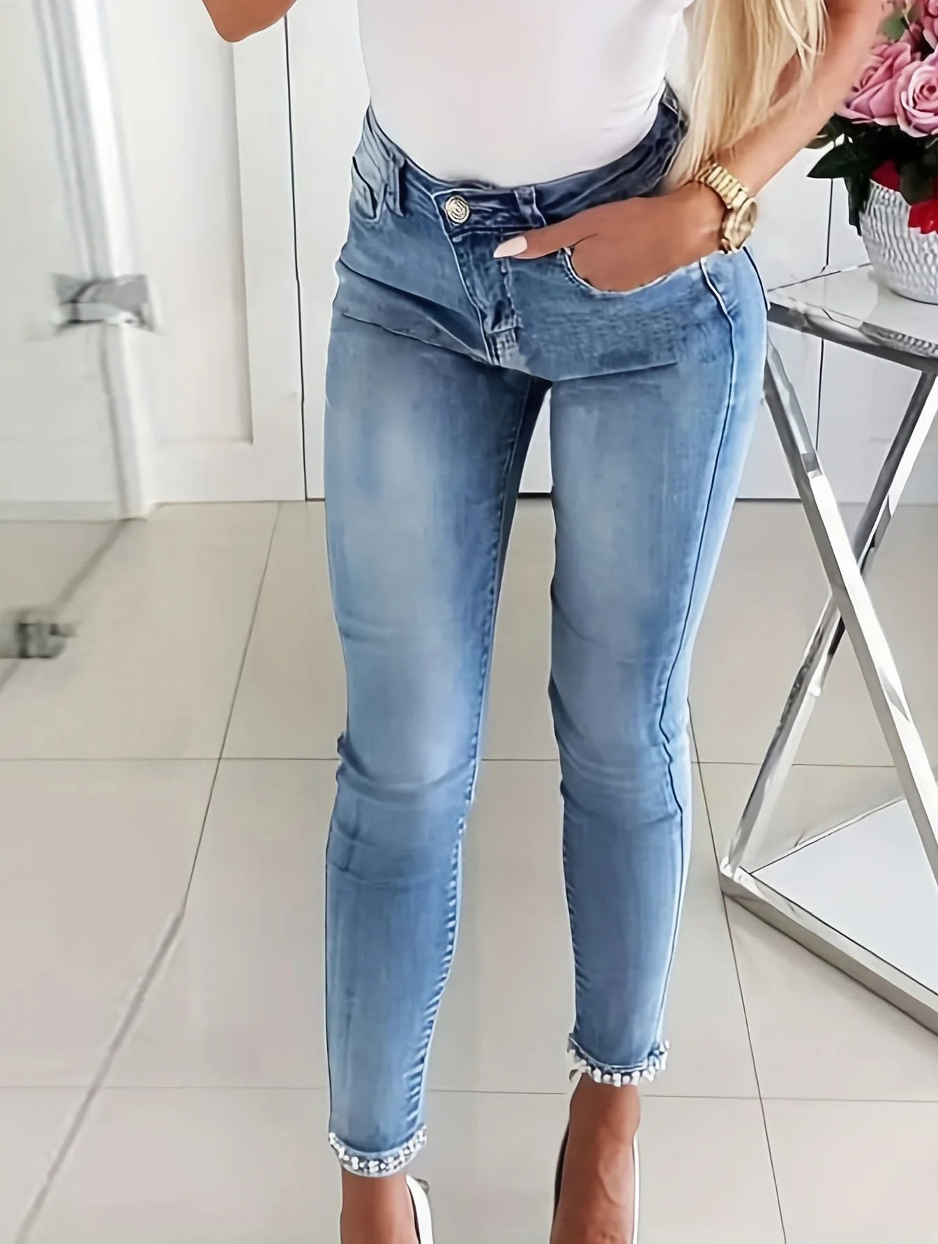 Women's Blue High-Stretch Skinny with Faux Pearl Decor and Slim Fit - Stylish and Comfortable Denim Jean