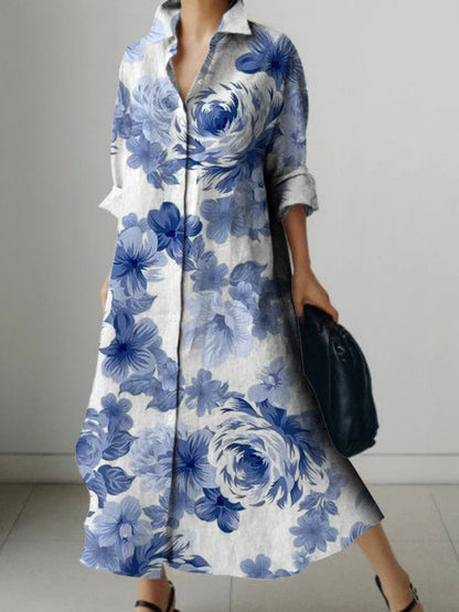 V-neck Floral Pattern Buttoned Long Sleeve Dress