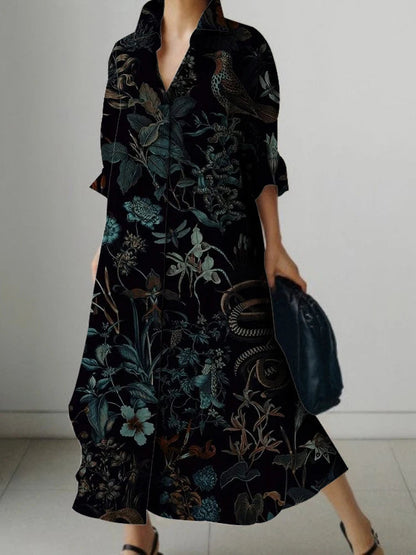 V-neck Floral Pattern Buttoned Long Sleeve Dress