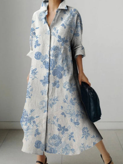 V-neck Floral Pattern Buttoned Long Sleeve Dress