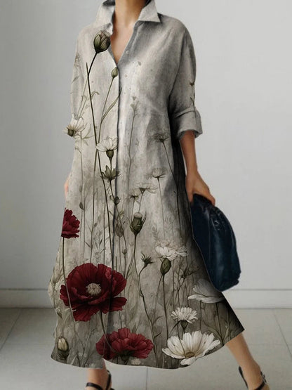 V-neck Floral Pattern Buttoned Long Sleeve Dress