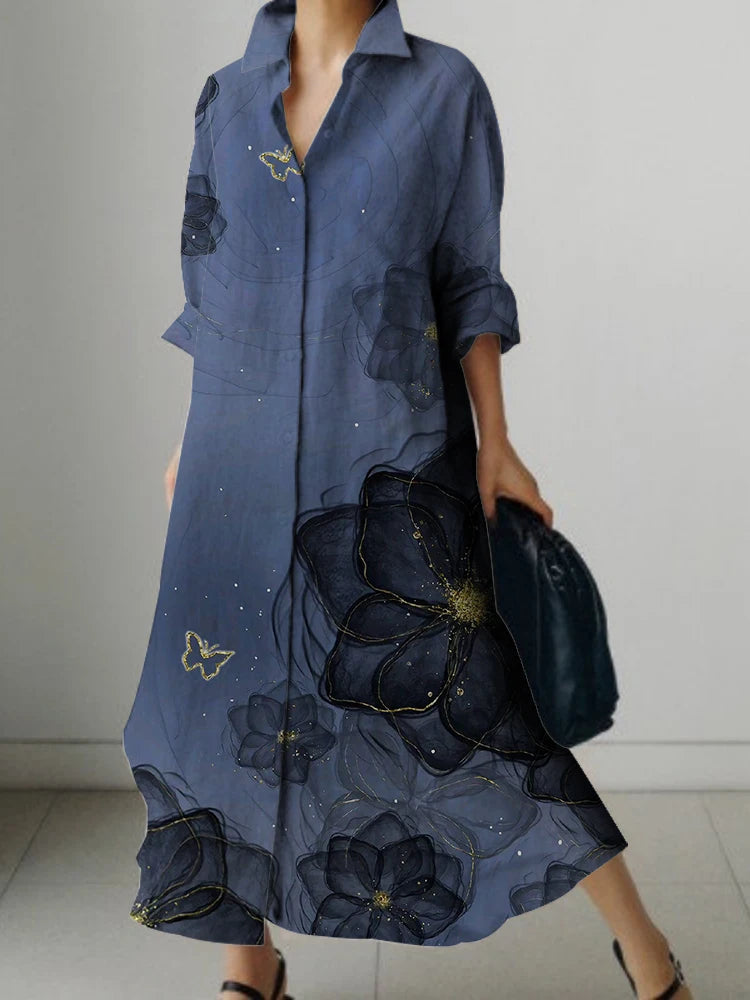 V-neck Floral Pattern Buttoned Long Sleeve Dress