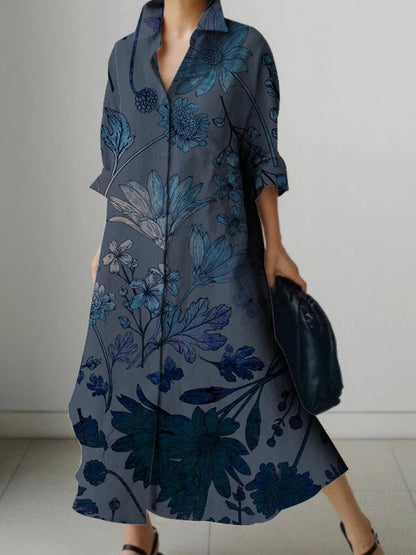 V-neck Floral Pattern Buttoned Long Sleeve Dress