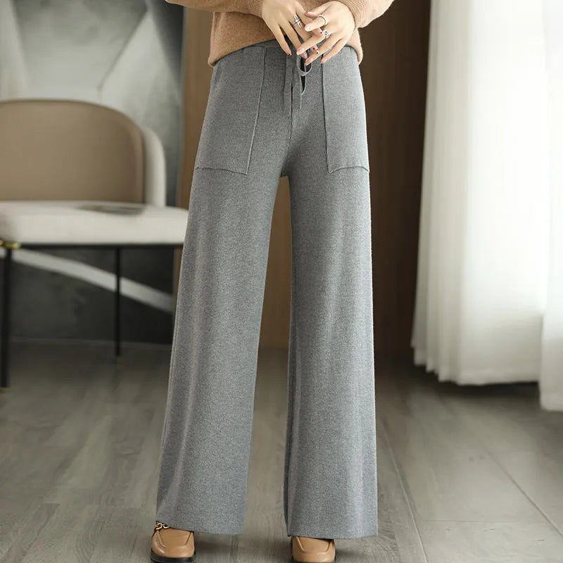 Women Drawstring Straight Leg Vintage Low Rise Striped Knitted Lounge Pants