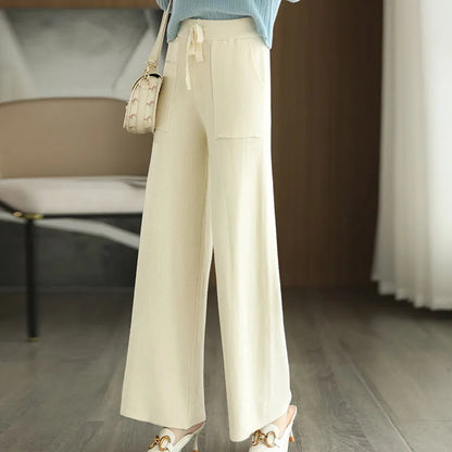 Women Drawstring Straight Leg Vintage Low Rise Striped Knitted Lounge Pants