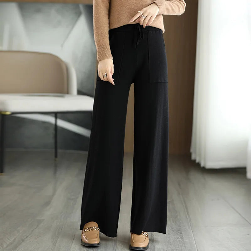 Women Drawstring Straight Leg Vintage Low Rise Striped Knitted Lounge Pants