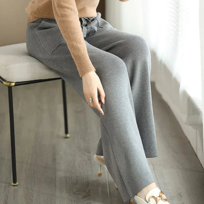 Women Drawstring Straight Leg Vintage Low Rise Striped Knitted Lounge Pants