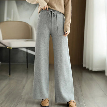 Women Drawstring Straight Leg Vintage Low Rise Striped Knitted Lounge Pants