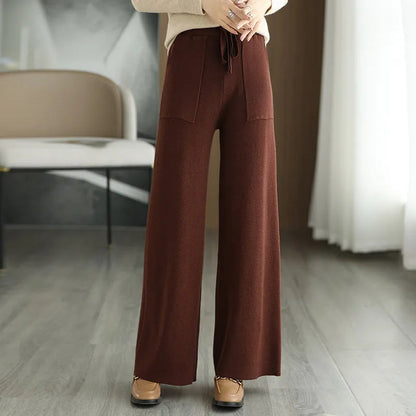 Women Drawstring Straight Leg Vintage Low Rise Striped Knitted Lounge Pants