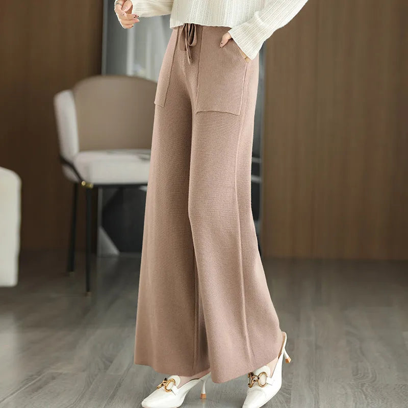 Women Drawstring Straight Leg Vintage Low Rise Striped Knitted Lounge Pants