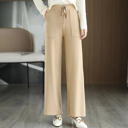 Women Drawstring Straight Leg Vintage Low Rise Striped Knitted Lounge Pants