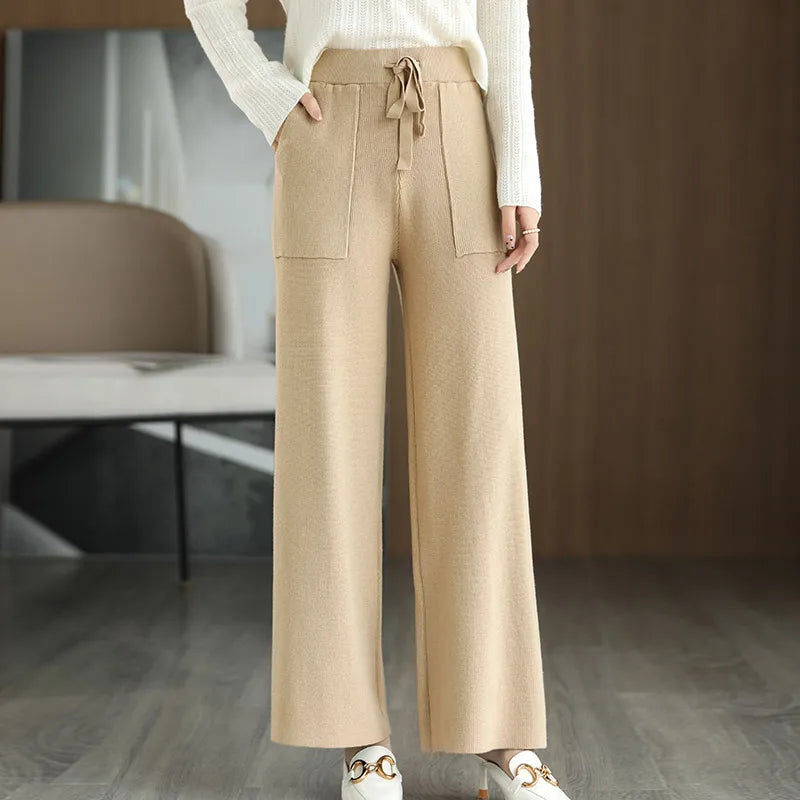 Women Drawstring Straight Leg Vintage Low Rise Striped Knitted Lounge Pants