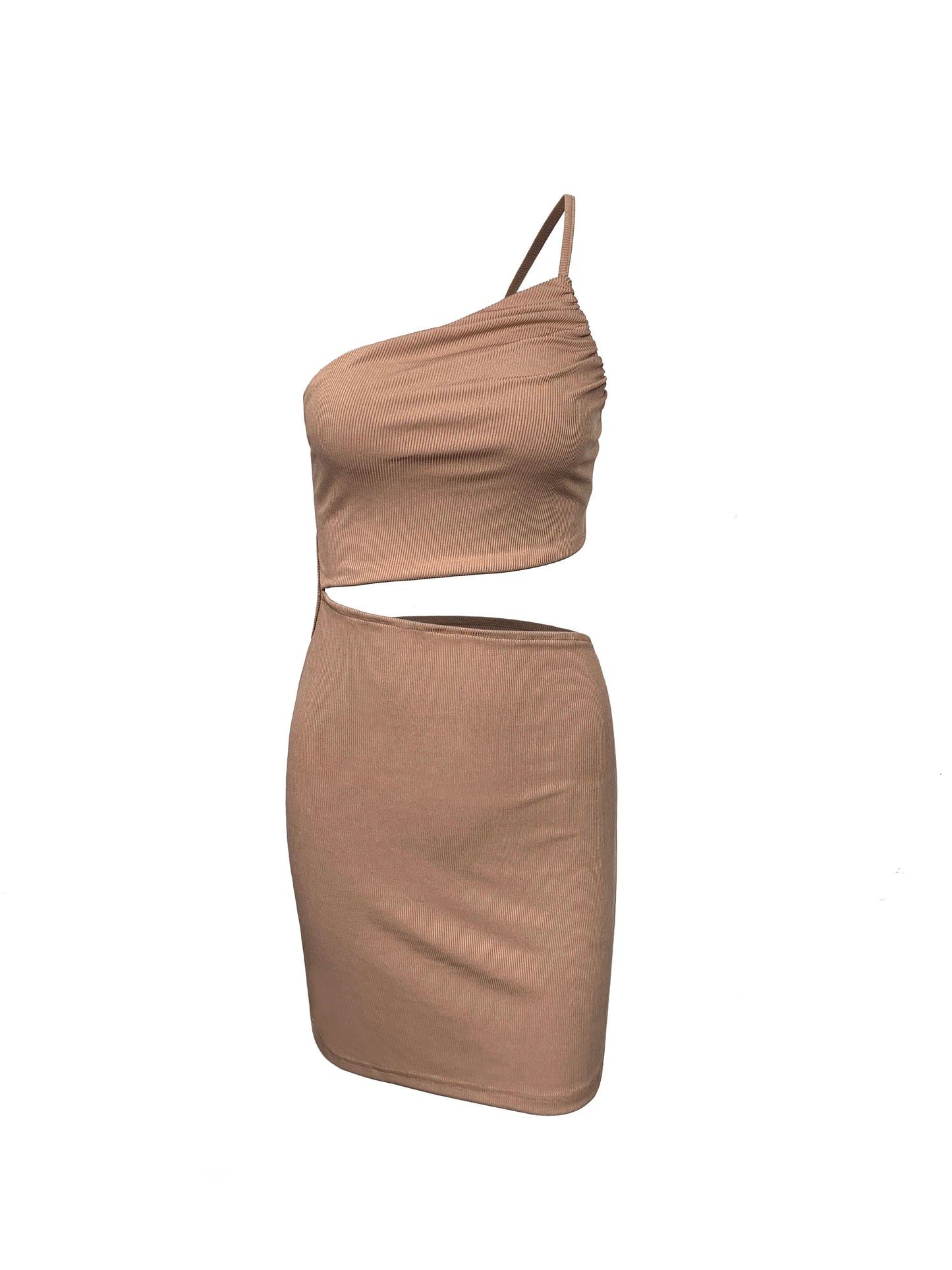 Fashion Hollow Out Side Bra One Shoulder Drawstring Bodycon Mini Dress