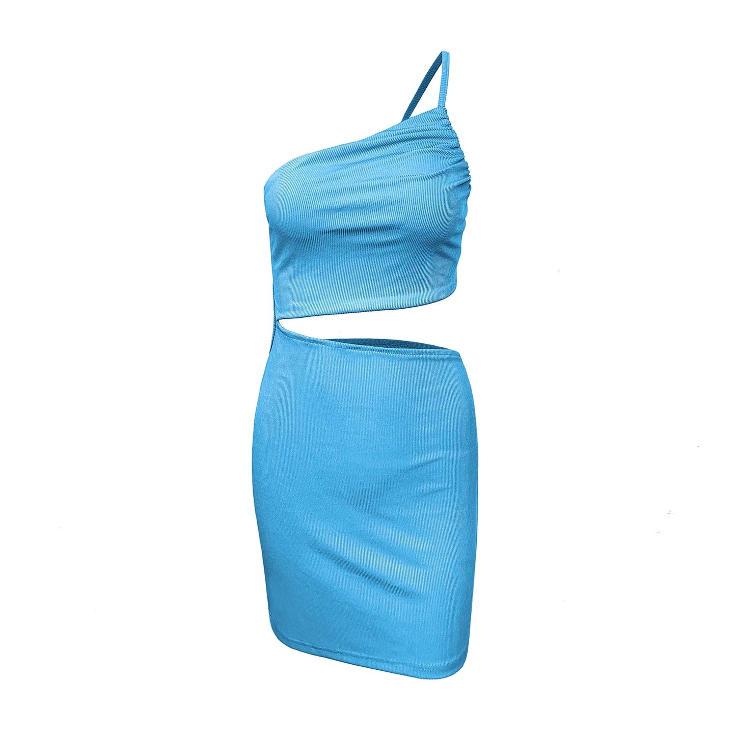 Fashion Hollow Out Side Bra One Shoulder Drawstring Bodycon Mini Dress