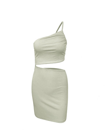 Fashion Hollow Out Side Bra One Shoulder Drawstring Bodycon Mini Dress